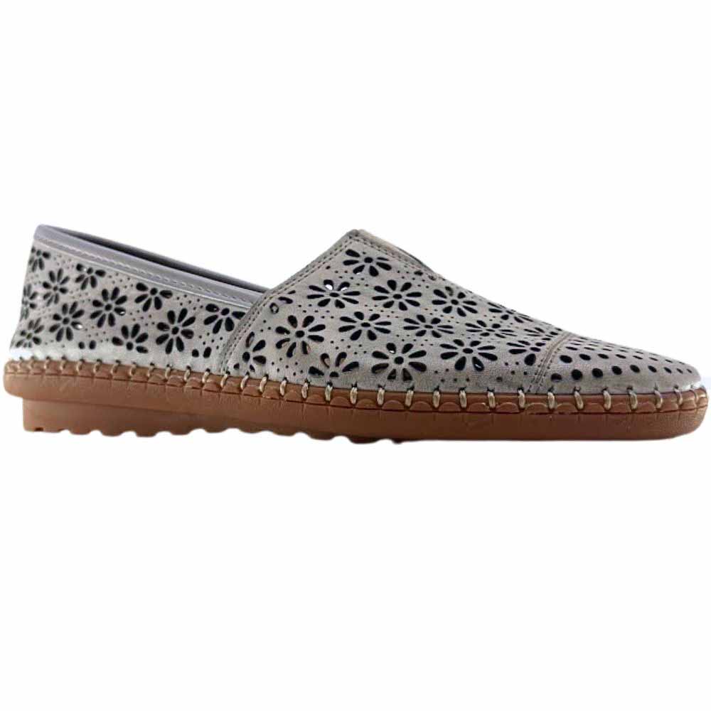 A taupe laser-cut Cabello leather loafer with a central elastic gusset and brown rubber sole, shown against a white background.