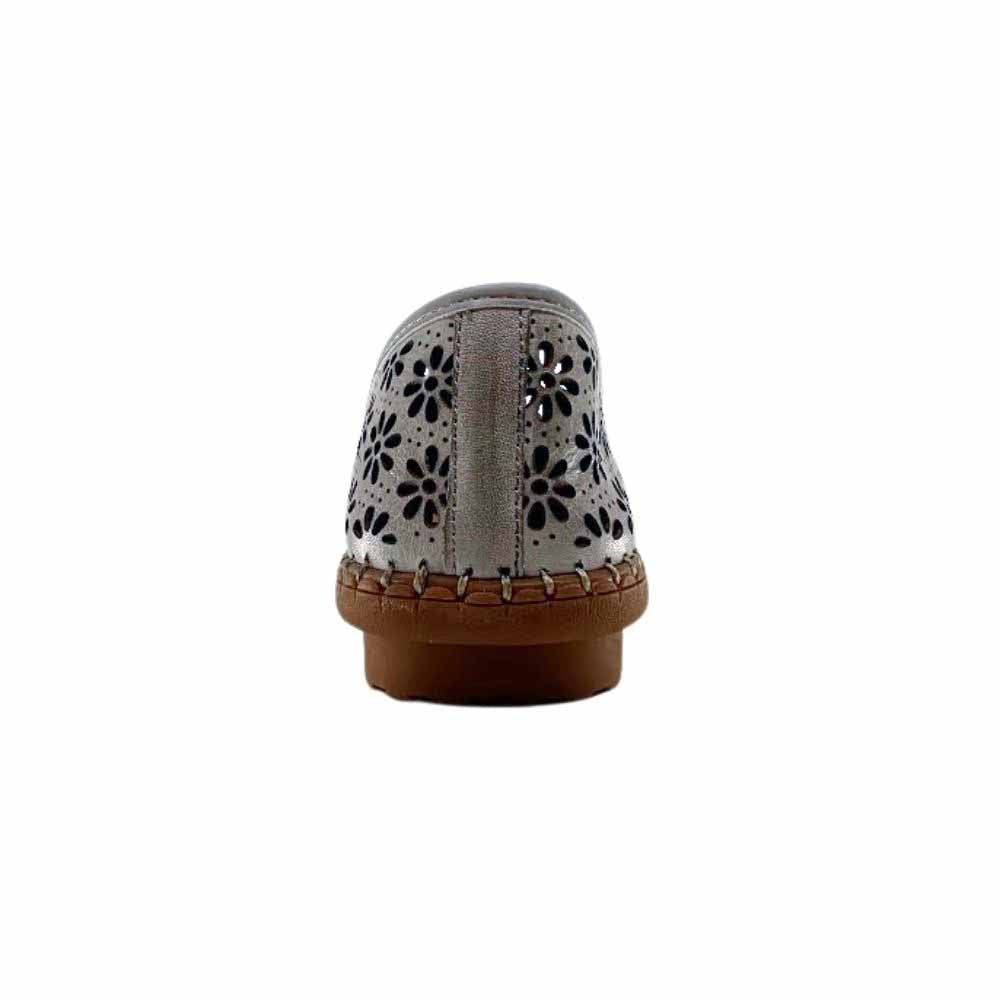 The back view of a taupe laser-cut Cabello leather loafer and brown rubber sole, shown against a white background.