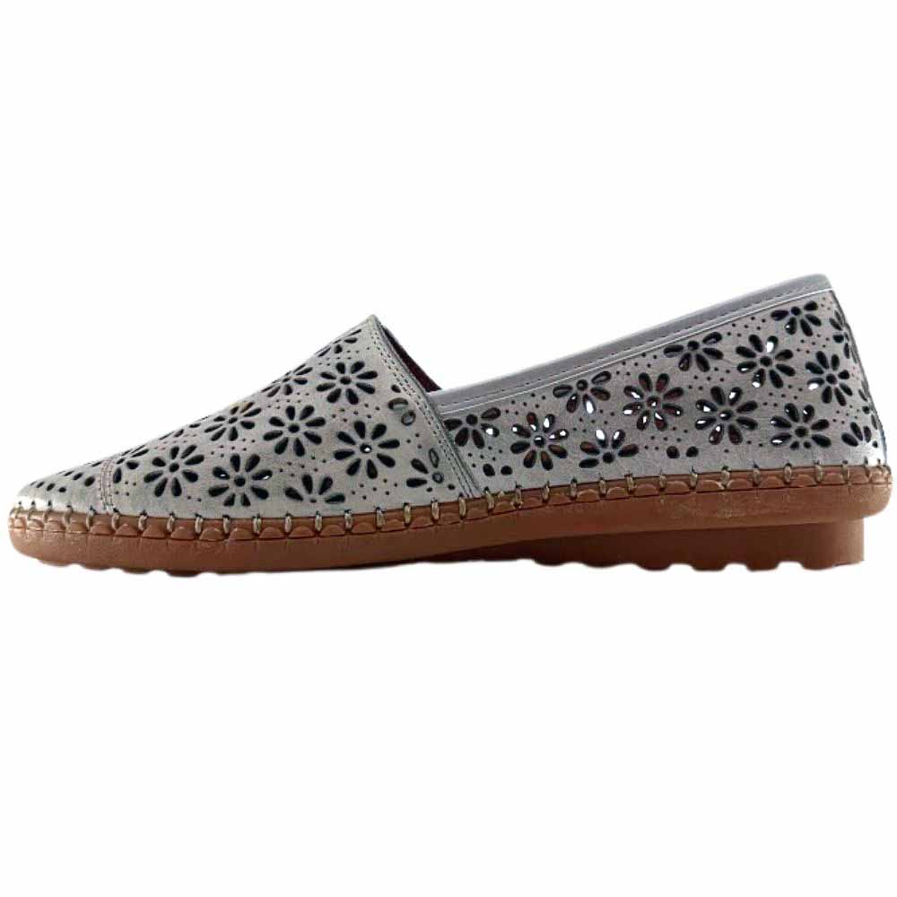 A taupe laser-cut Cabello leather loafer with a central elastic gusset and brown rubber sole, shown against a white background.