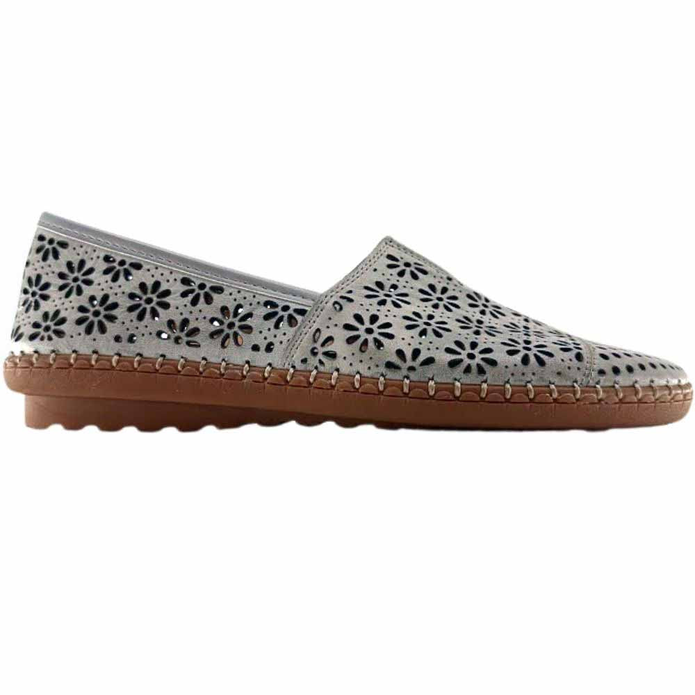 A taupe laser-cut Cabello leather loafer with a central elastic gusset and brown rubber sole, shown against a white background.