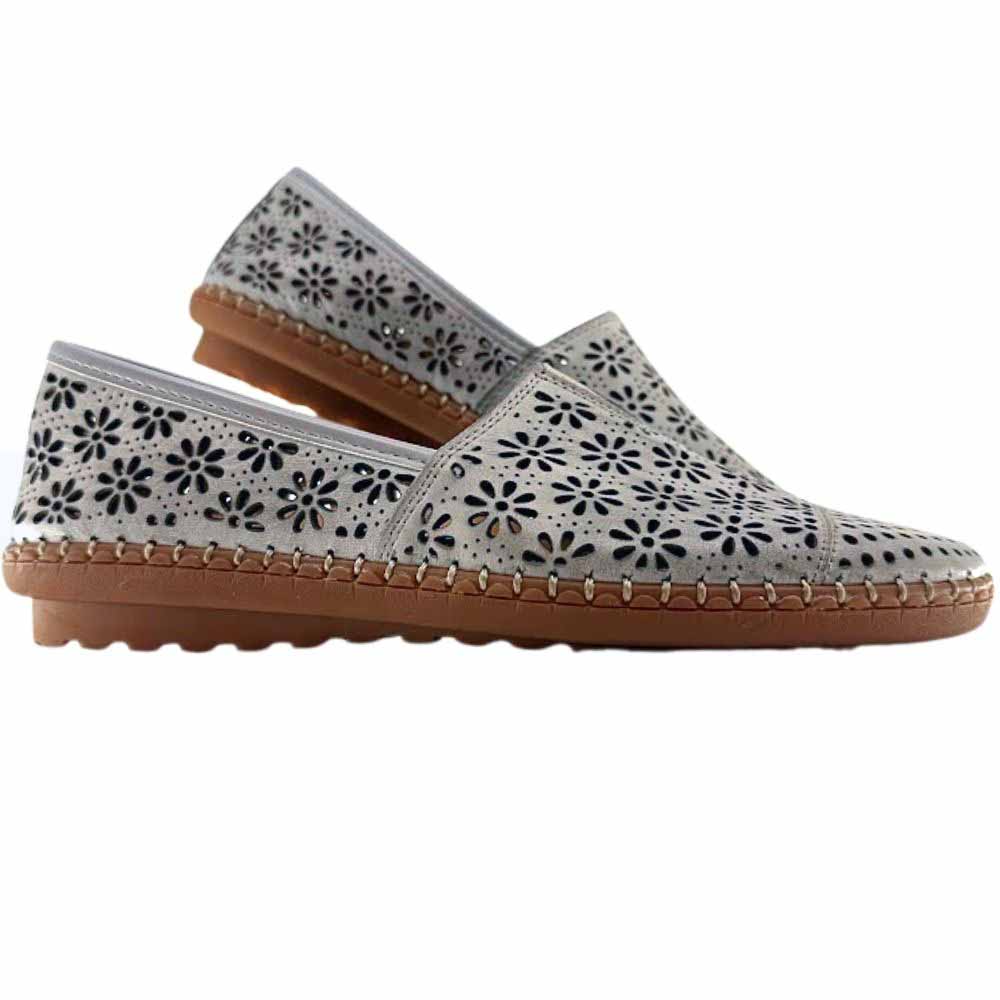 A pair of taupe laser-cut Cabello leather loafers with a central elastic gusset and brown rubber sole, shown against a white background.