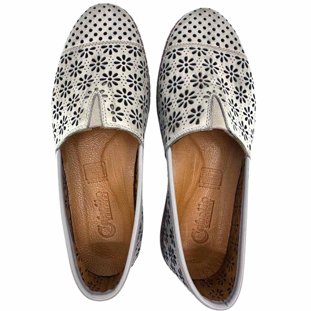 A pair of taupe laser-cut Cabello leather loafers with a central elastic gusset, shown from a top-down perspective against a white background.