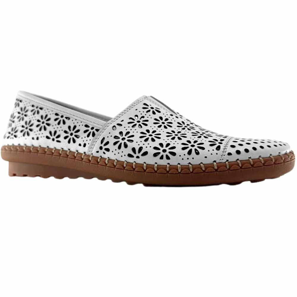 A single white laser-cut Cabello leather loafer with a central elastic gusset and brown rubber sole, shown against a white background.