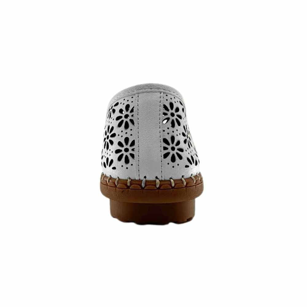 A single white laser-cut Cabello leather loafer with a brown rubber sole, shown from the back against a white background.