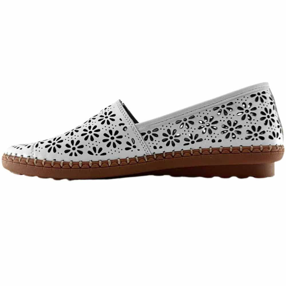 A single white laser-cut Cabello leather loafer with a central elastic gusset and brown rubber sole, shown against a white background.
