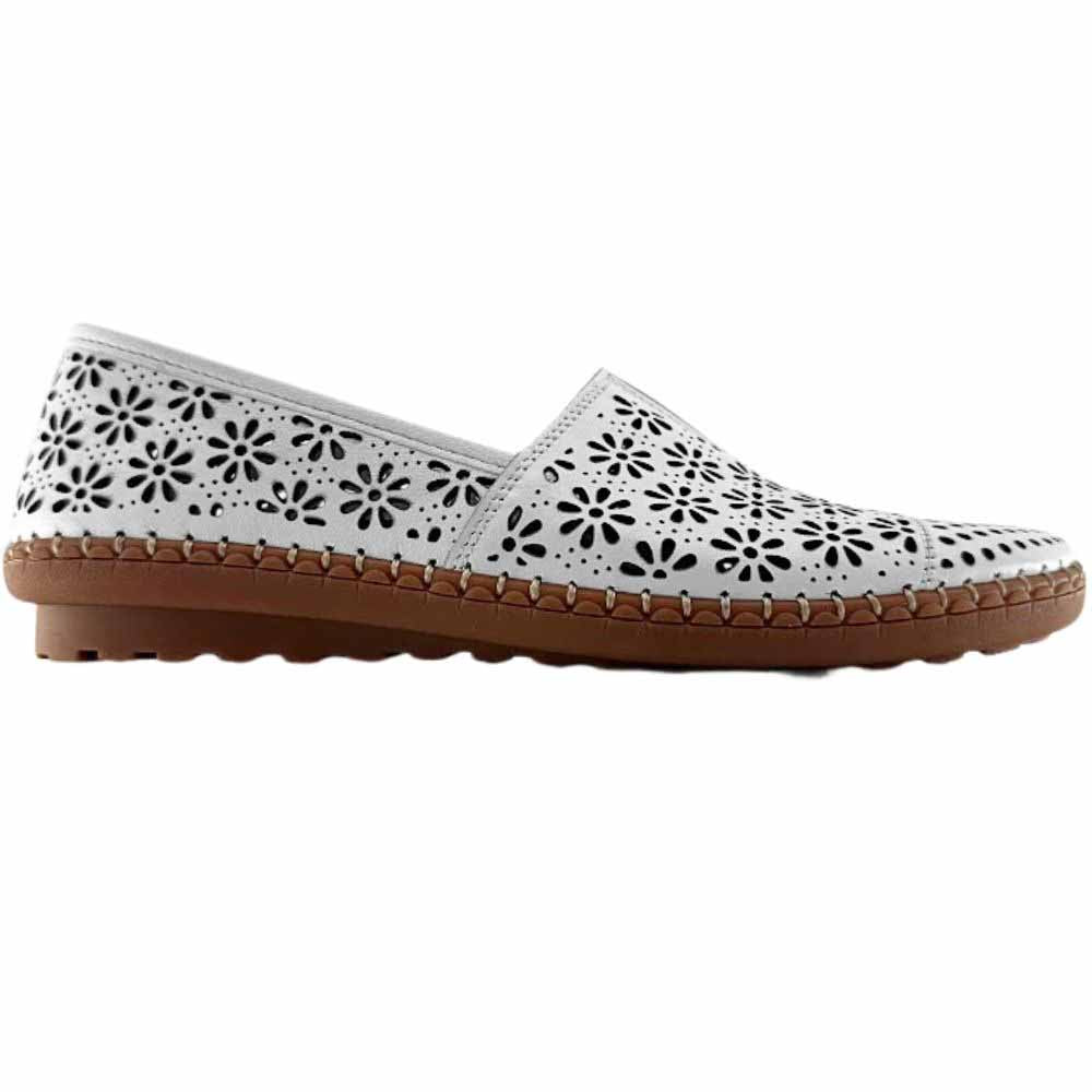 A single white laser-cut Cabello leather loafer with a central elastic gusset and brown rubber sole, shown against a white background.