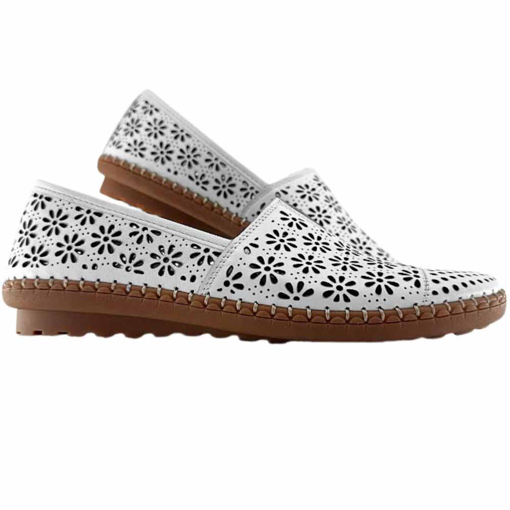A pair of white laser-cut Cabello leather loafers with a central elastic gusset and brown rubber sole, shown against a white background.