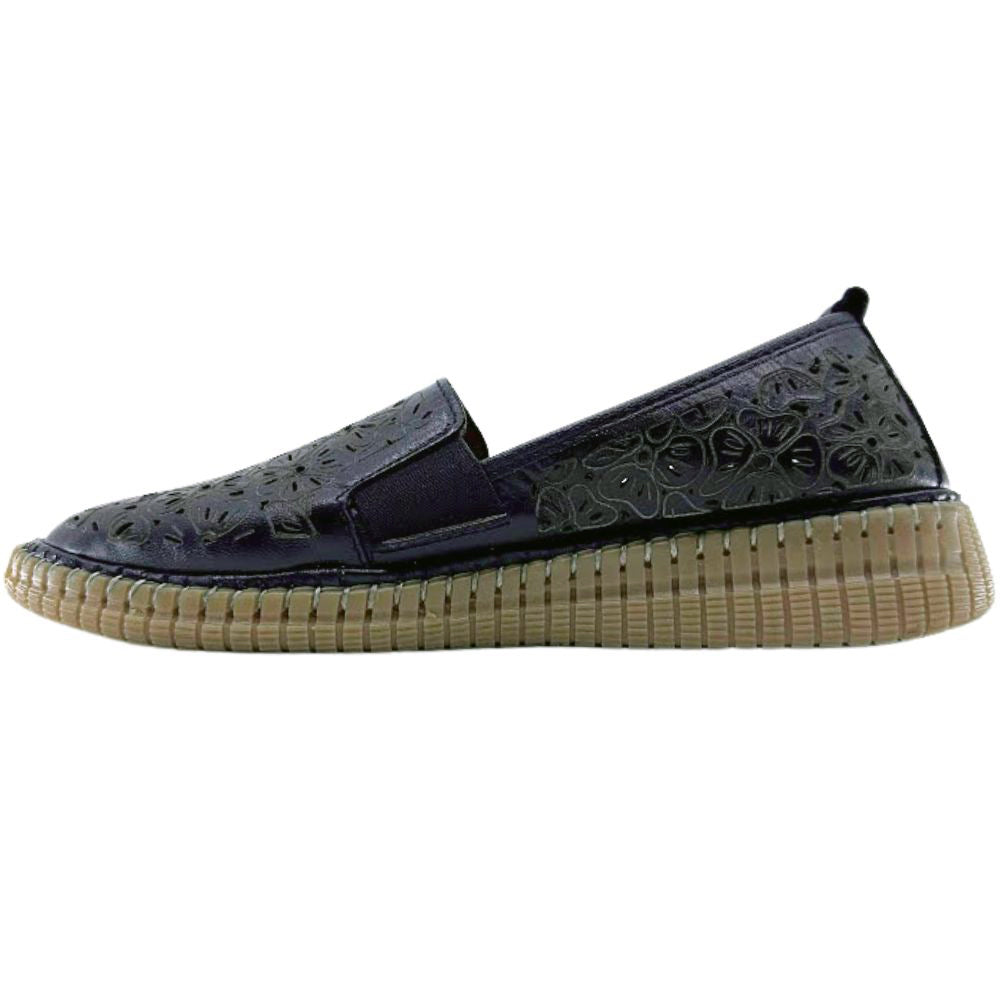 Black slip-on loafer shoe with a textured sole on a white background