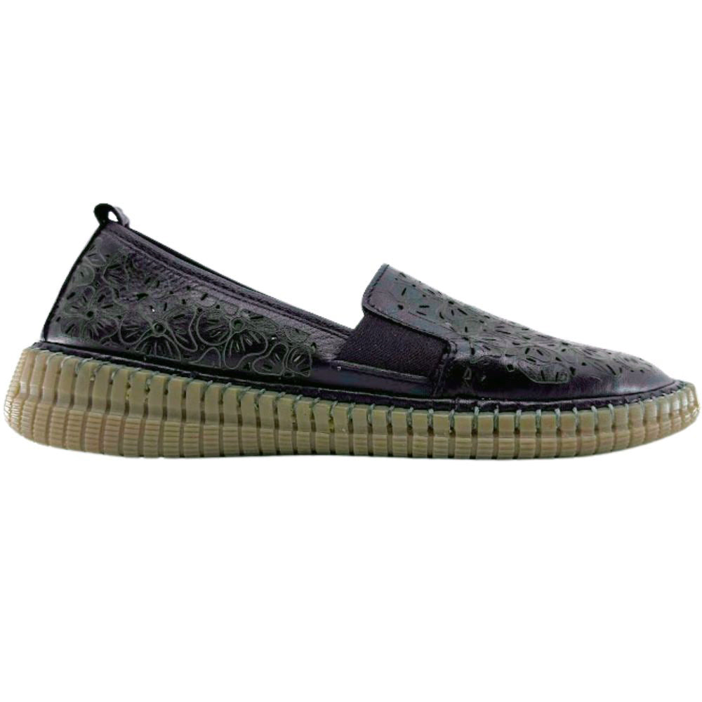 Black slip-on loafer shoe with textured sole on a white background