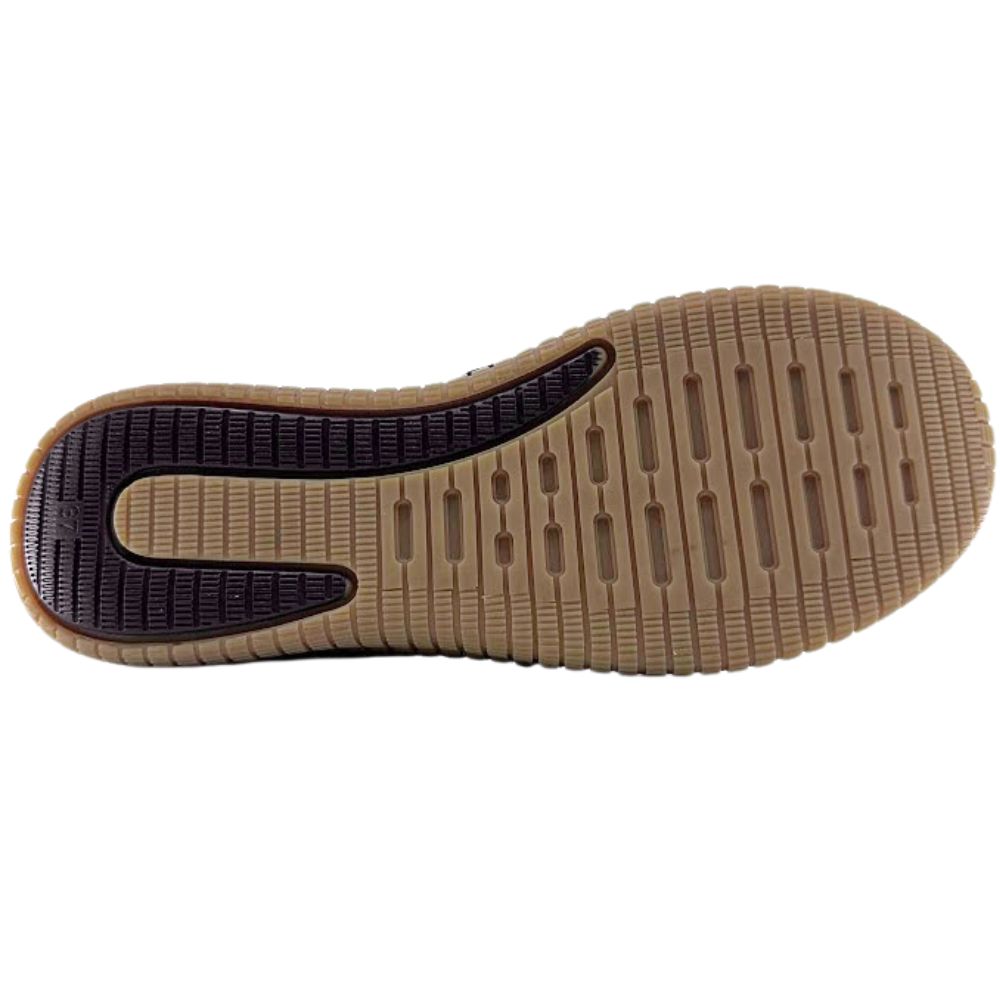 Close-up of a shoe sole with a textured brown pattern on a white background