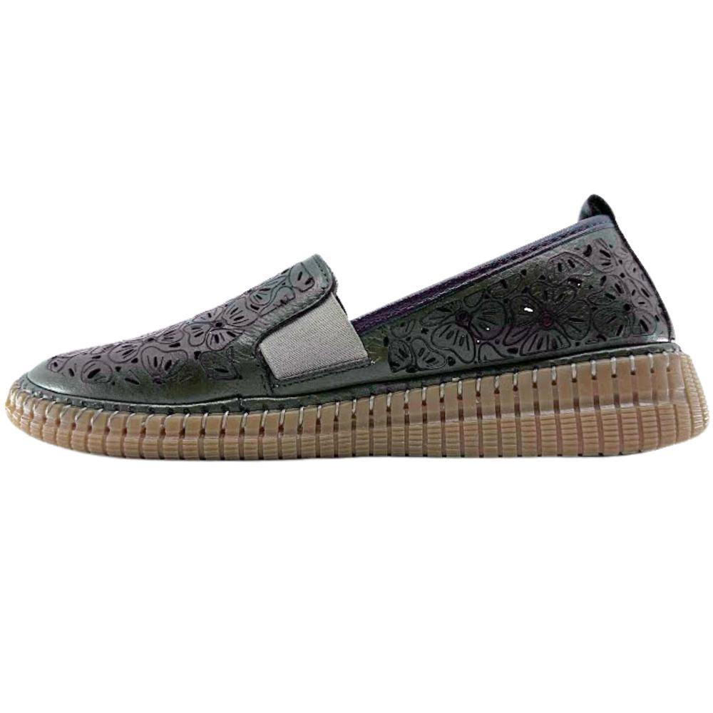 Olive slip-on loafer shoe with a textured brown sole on a white background