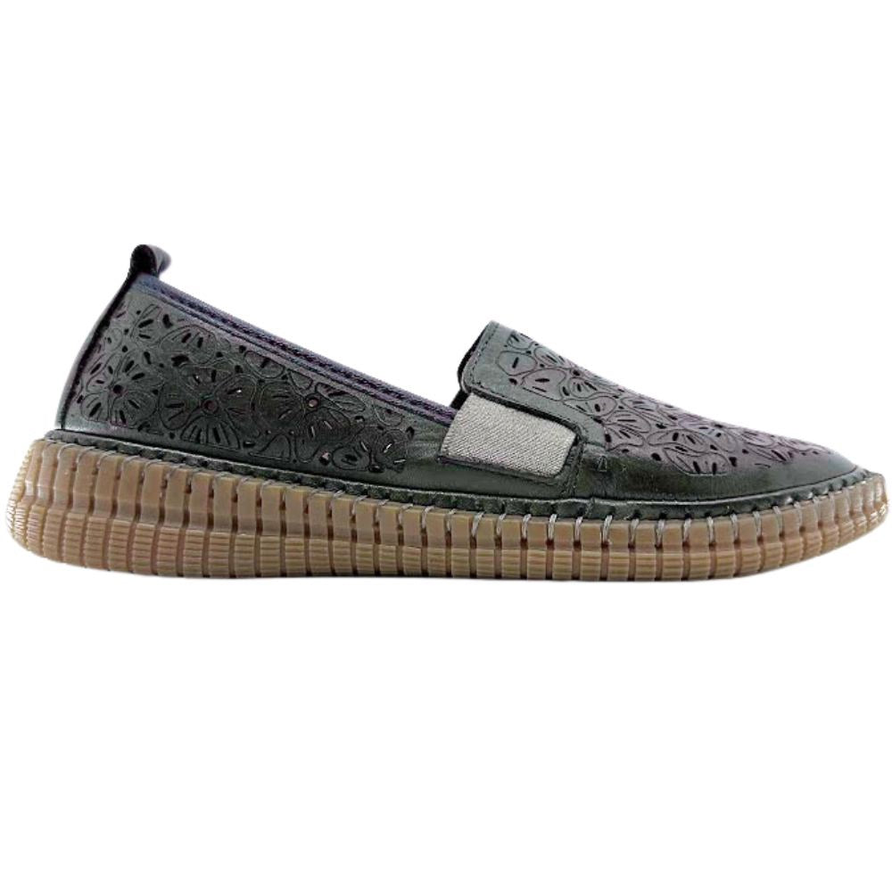 Olive slip-on loafer shoe with a textured brown sole on a white background