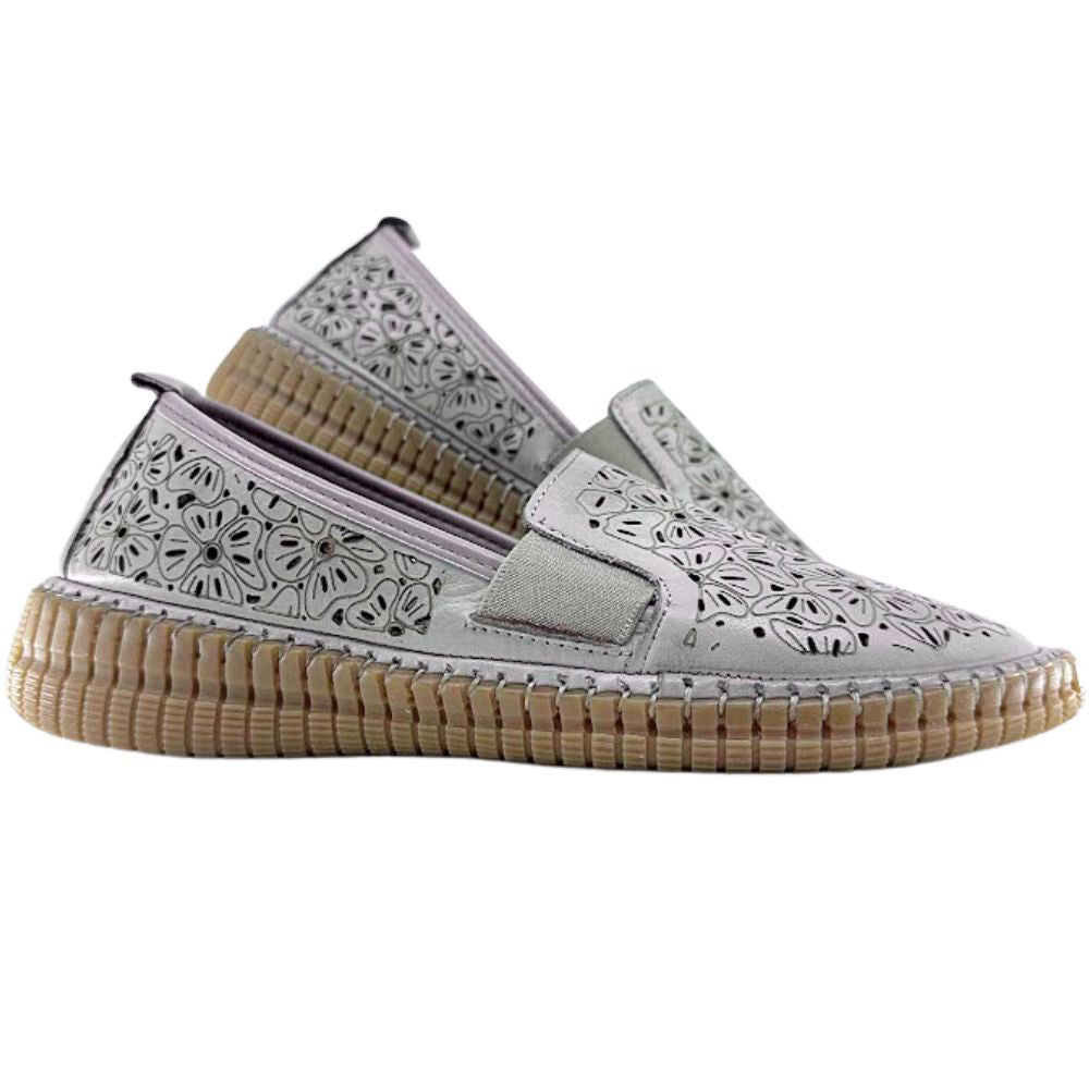 Taupe slip-on loafer shoes with floral patterns on a white background