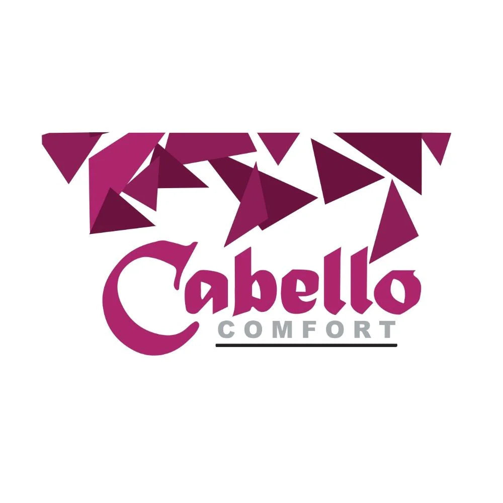 A logo with the words 'Cabello comfort' written in a magenta colour with geometric designs, displayed against a white background.