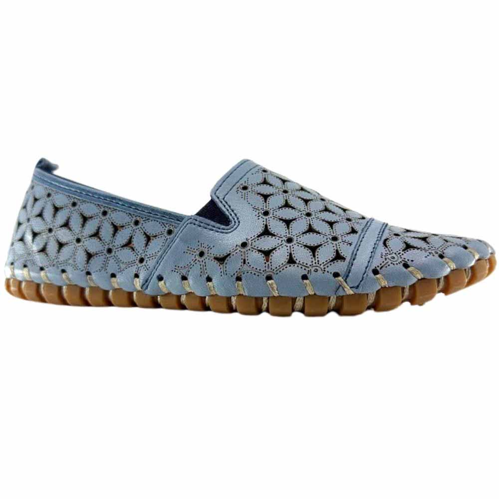 A single denim blue laser-cut Cabello leather loafer with elastic gussets, shown against a white background.