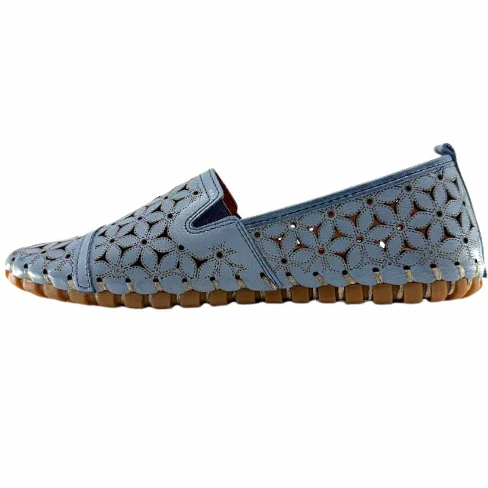 A single denim blue laser-cut Cabello leather loafer with elastic gussets, shown against a white background.