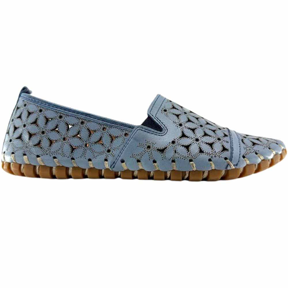 A single denim blue laser-cut Cabello leather loafer with elastic gussets, shown against a white background.