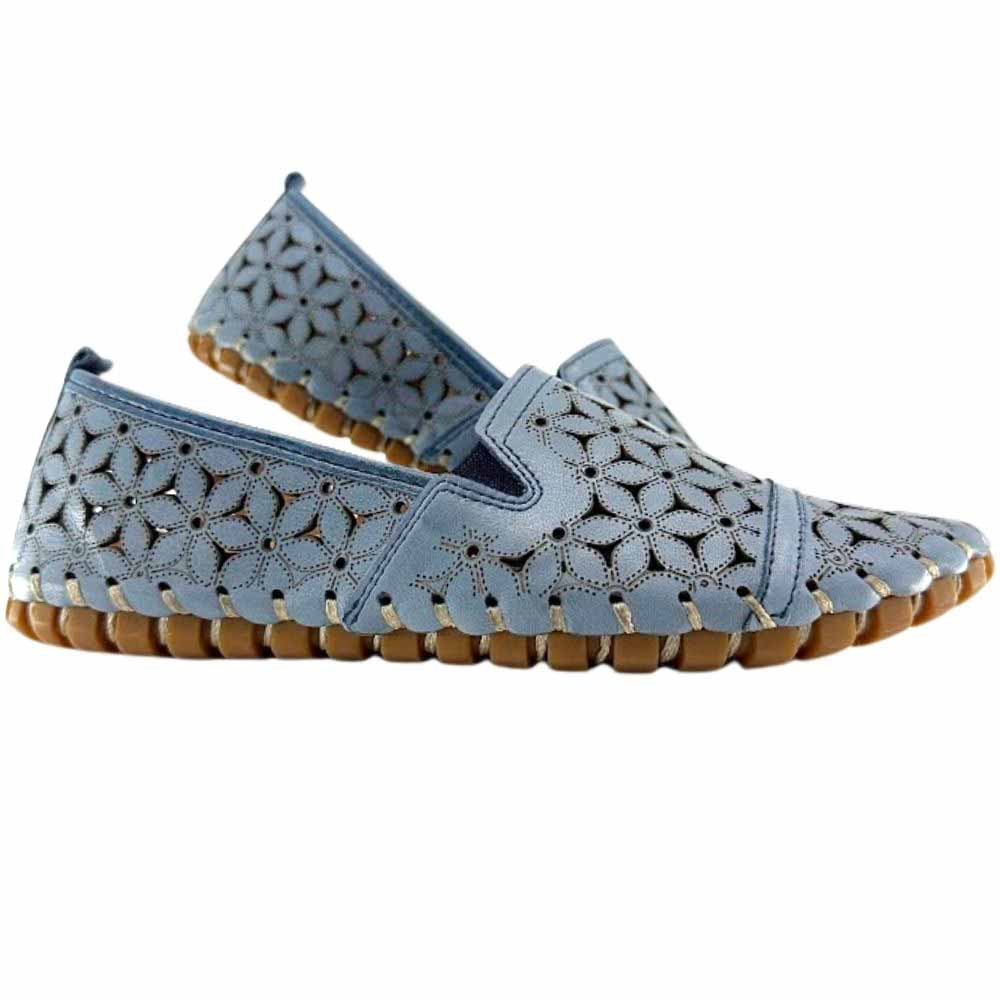 A pair of denim blue laser-cut Cabello leather loafers with elastic gussets, shown against a white background.