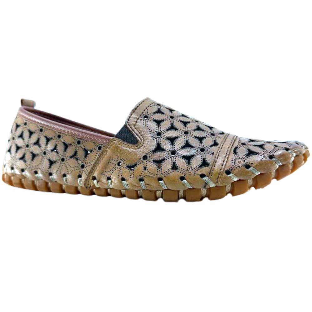 A single tan laser-cut Cabello leather loafer with elastic gussets, shown against a white background.