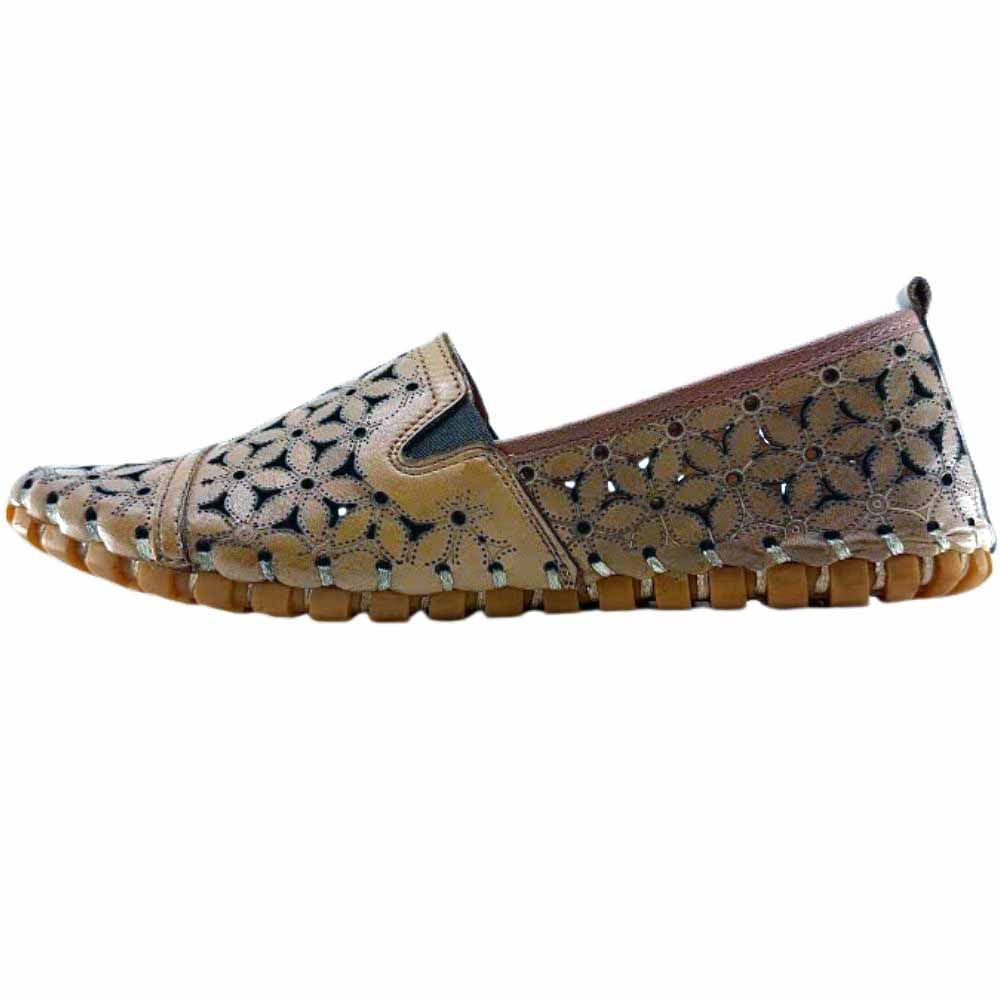 A single tan laser-cut Cabello leather loafer with elastic gussets, shown against a white background.