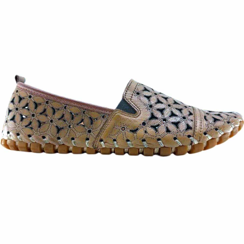 A single tan laser-cut Cabello leather loafer with elastic gussets, shown against a white background.