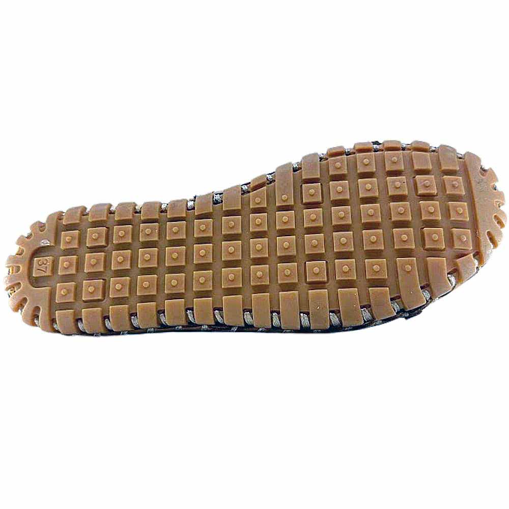 The brown rubber outsole of a loafer with a tread pattern, shown against a white background.