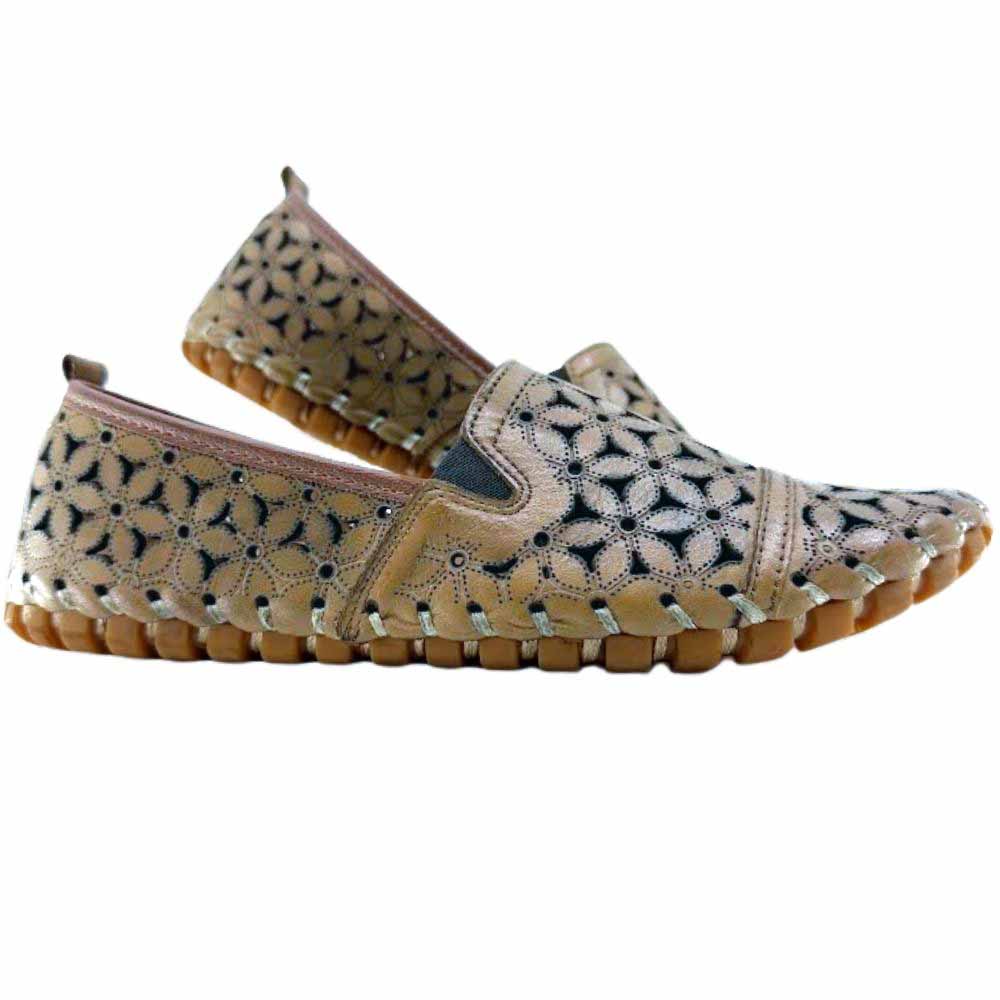 A pair of tan laser-cut Cabello leather loafers with elastic gussets, shown against a white background.