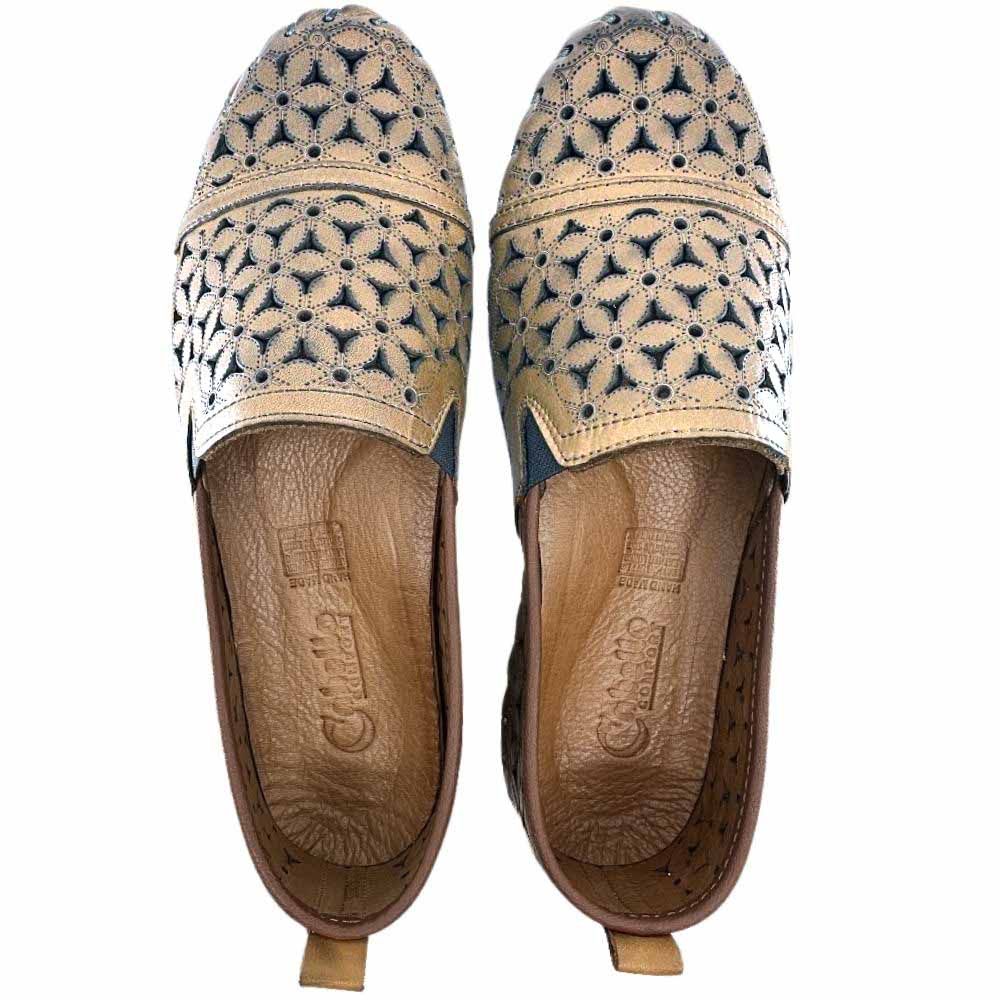 A pair of tan laser-cut Cabello leather loafers with elastic gussets, shown from a top-down view against a white background.