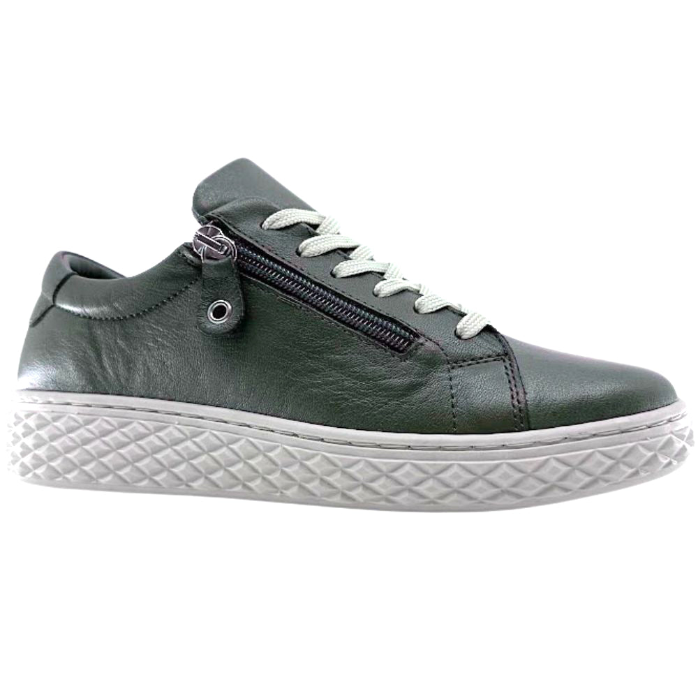 Khaki leather sneaker with a zipper on a white background