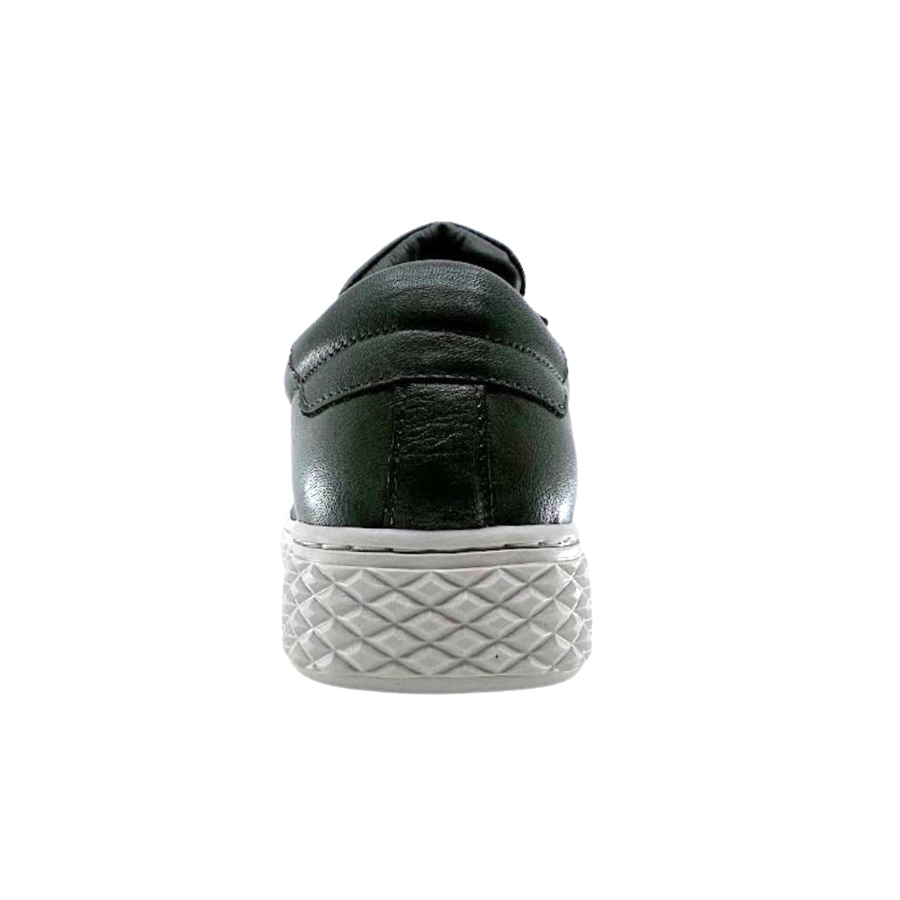 Back of khaki leather sneaker with a white sole on a white background