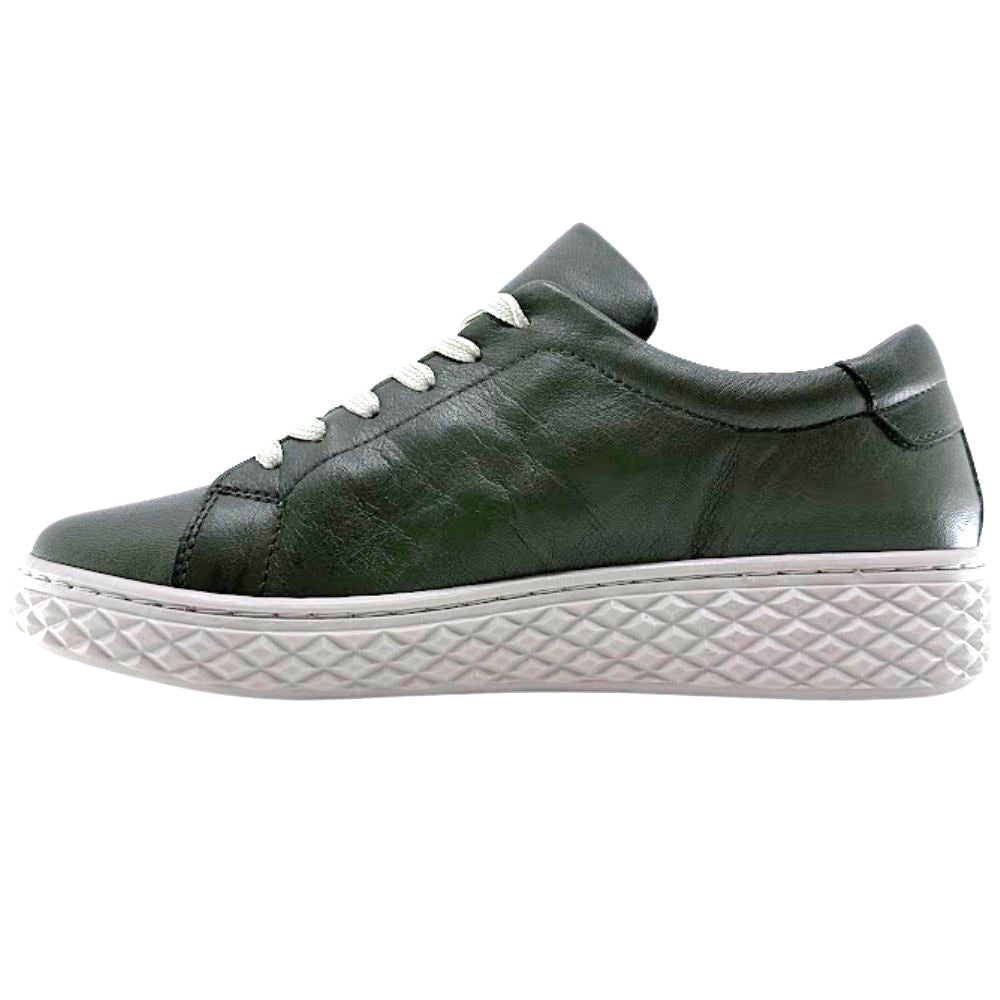 Khaki leather sneaker with white sole on a white background