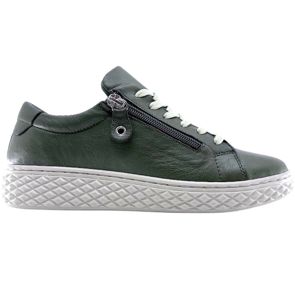 Khaki leather sneaker with a white sole on a white background