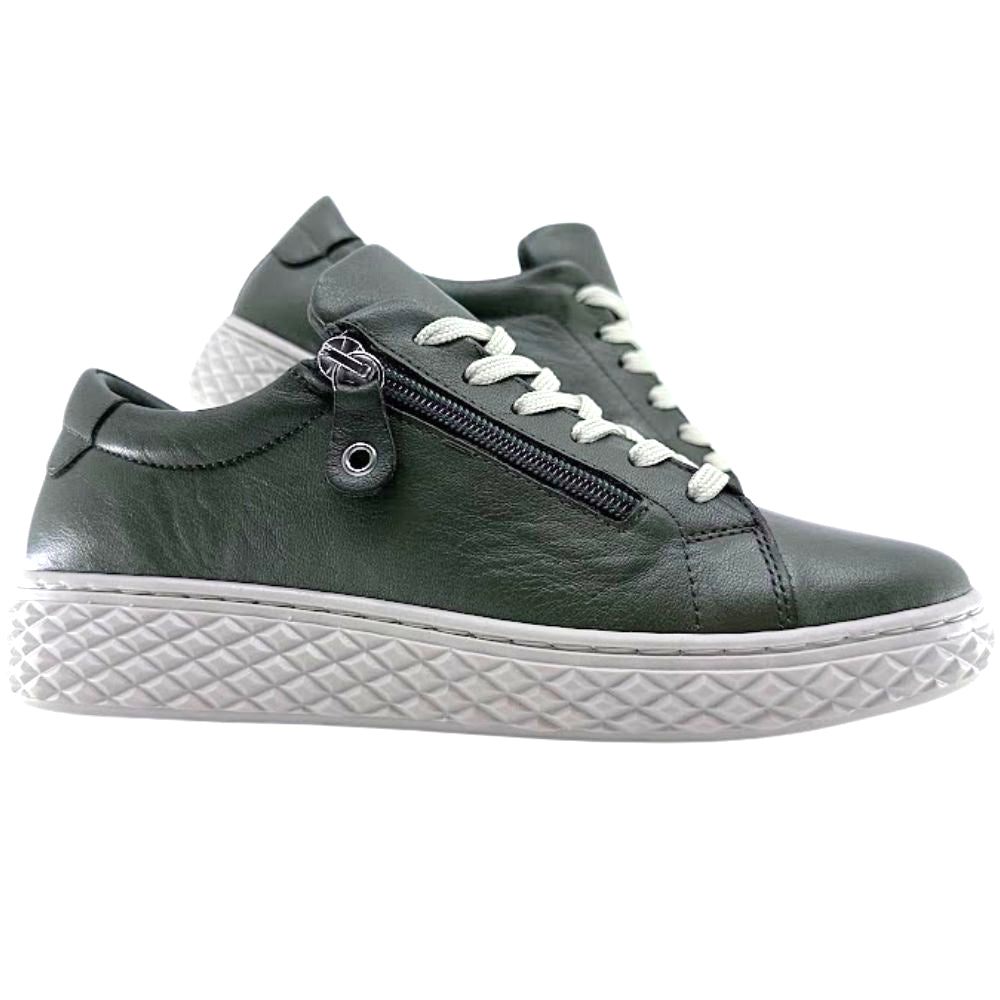 Khaki leather sneakers with a zipper on a white background