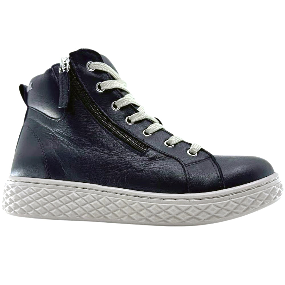Black leather ankle boots with white laces and sole on a white background