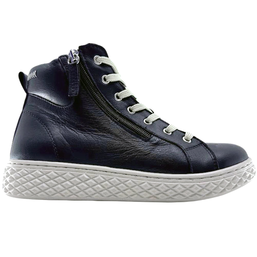 Black leather ankle boots with a white sole on a white background