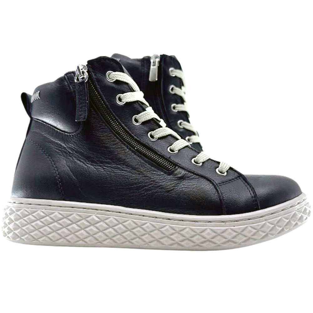 Black leather ankle boots with white laces and sole on a white background