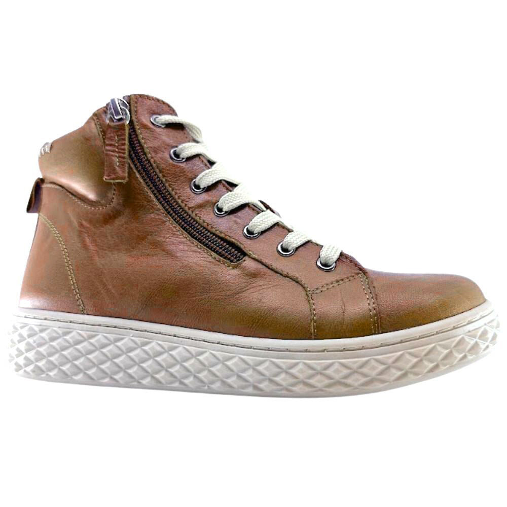 Tan ankle boot with beige laces on a white background