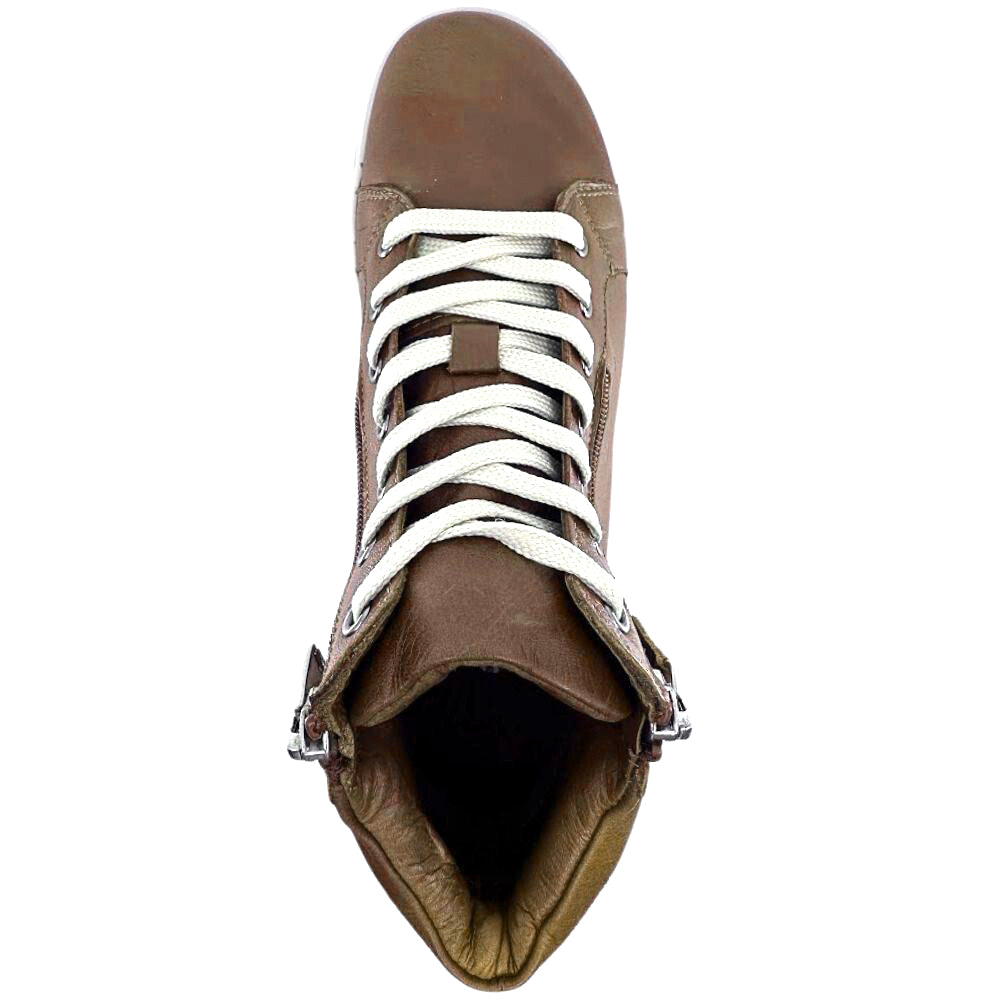 Tan leather ankle boot with beige laces on a white background