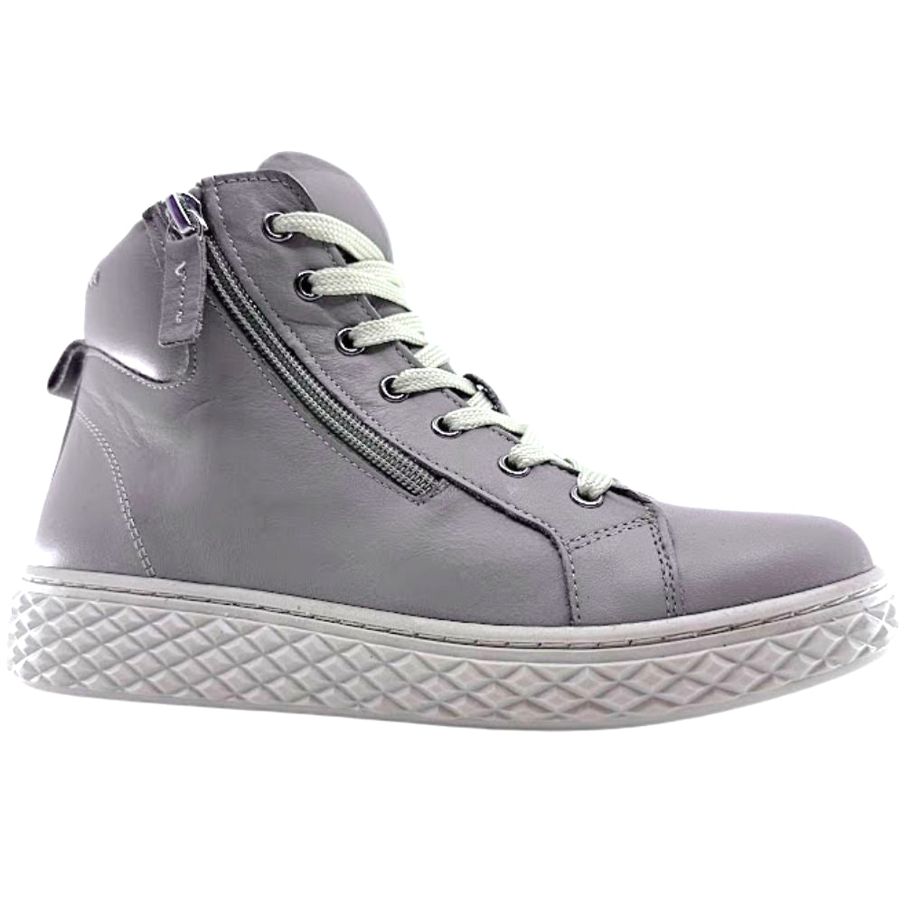Taupe leather ankle boot with white sole on a white background