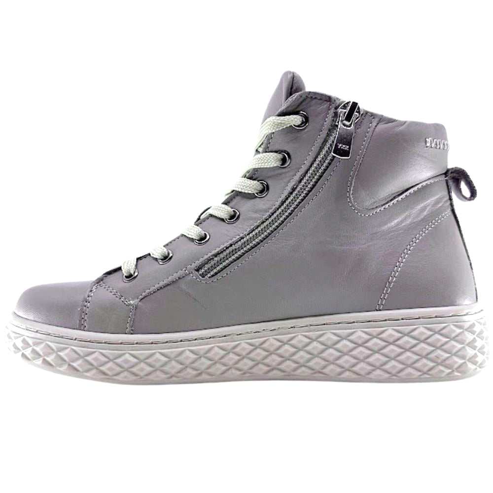 Taupe leather ankle boot with a white sole on a white background