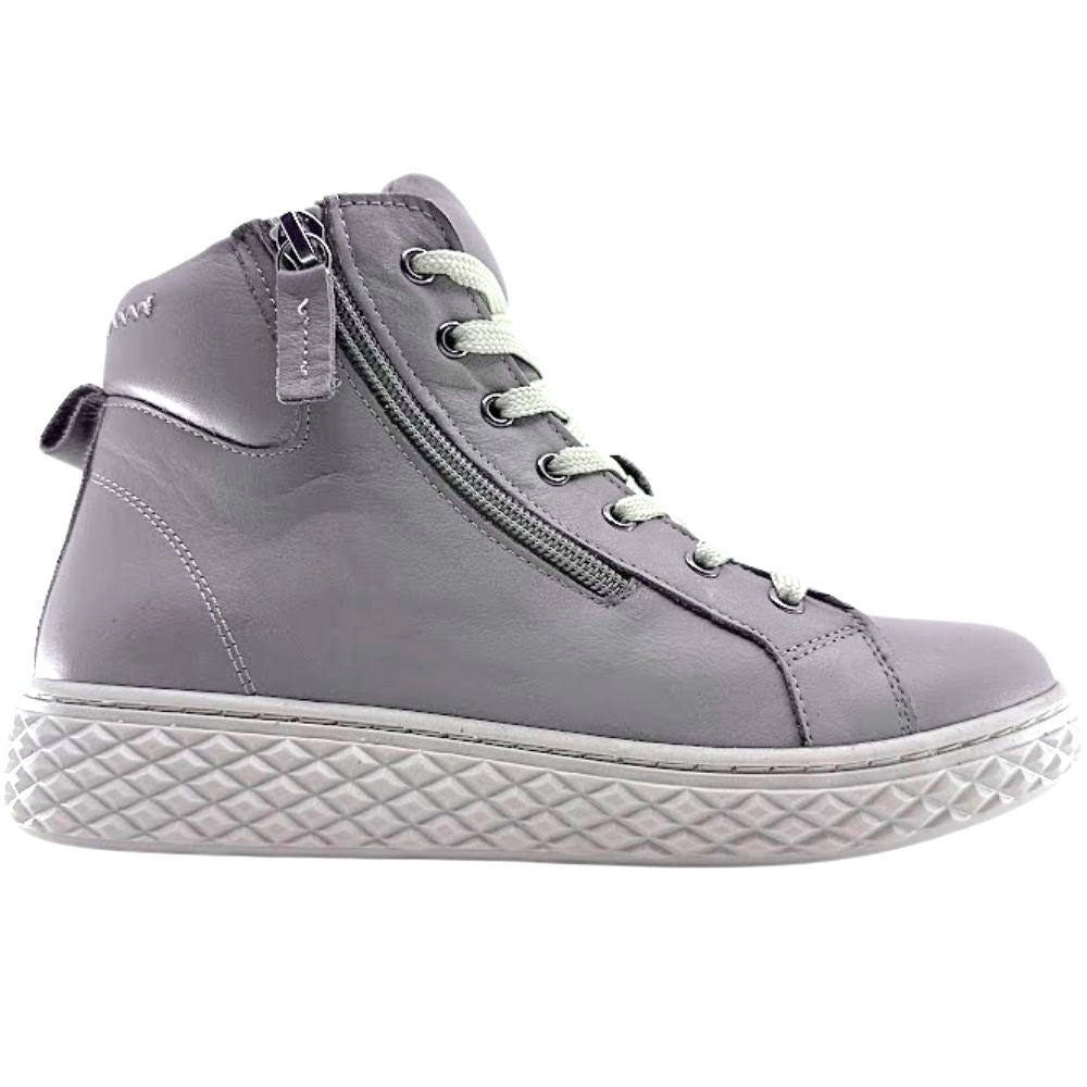 Taupe leather ankle boot with a textured sole on a white background