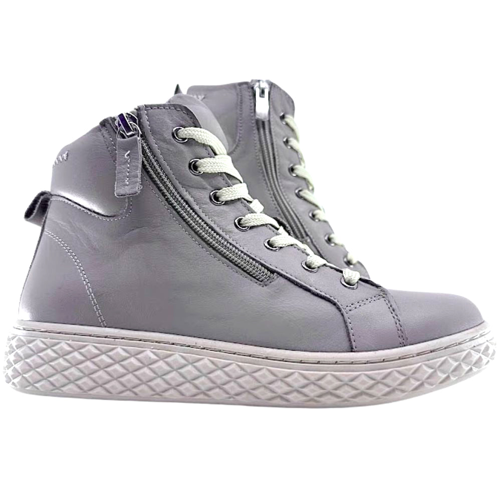 Taupe leather ankle boot with white soles on a white background