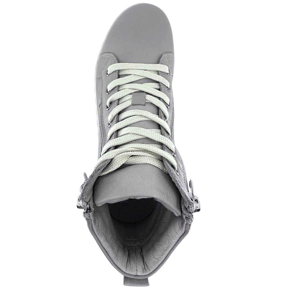 Taupe leather ankle boot with beige laces on a white background