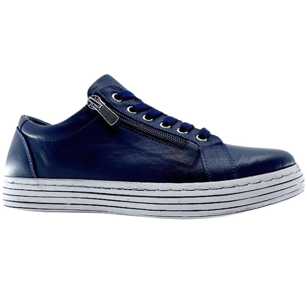 Navy blue sneaker with white sole on a white background