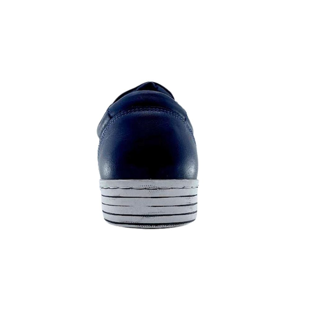 Navy blue shoe with a white sole on a white background