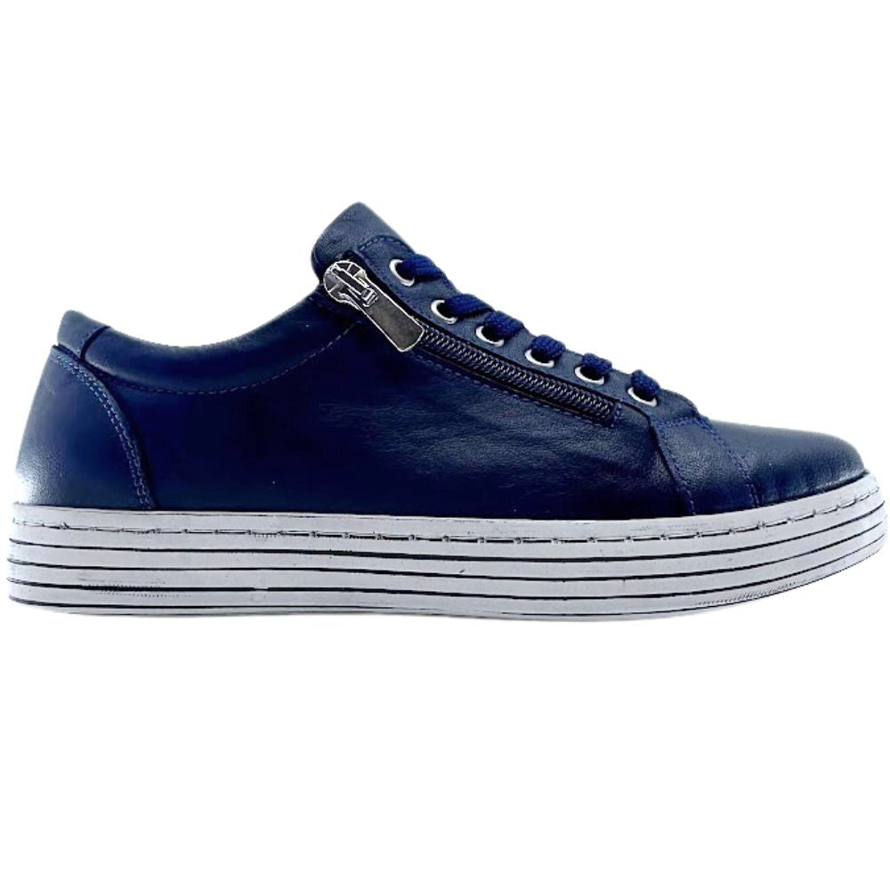 Navy blue sneaker with a zipper on a white background