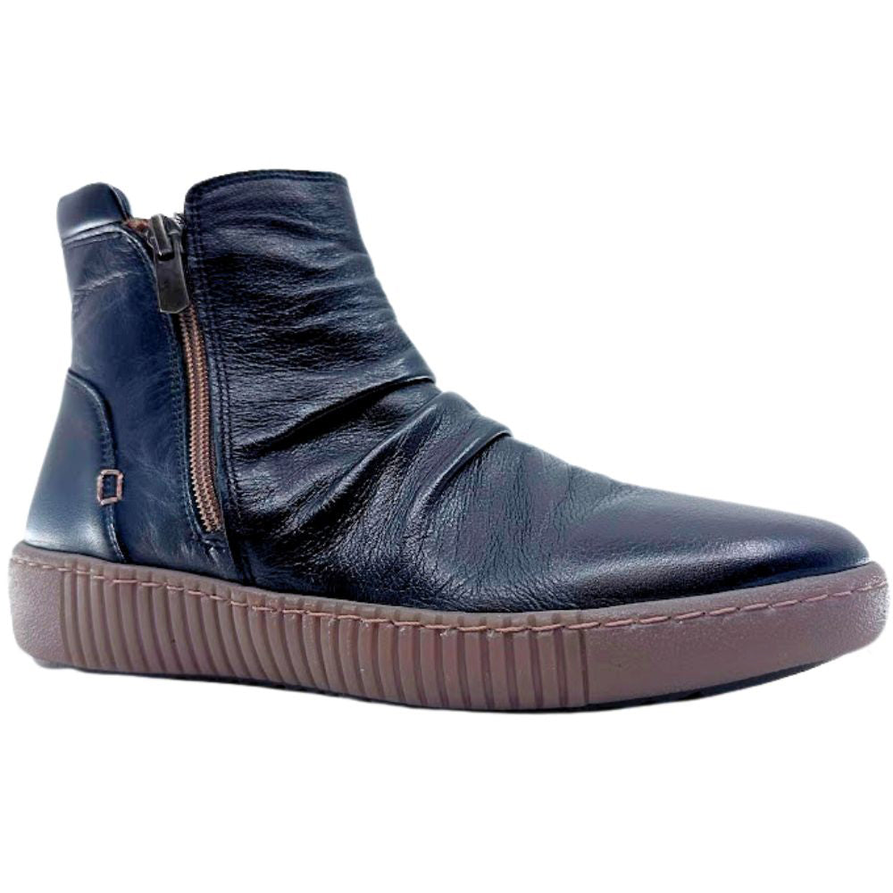 Black leather ankle boot with a zipper on a white background