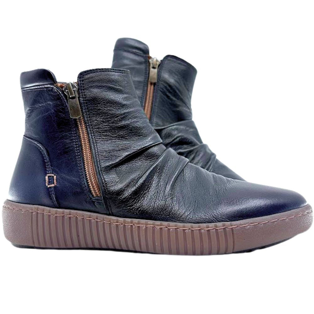 Pair of black leather ankle boots with zippers on a white background