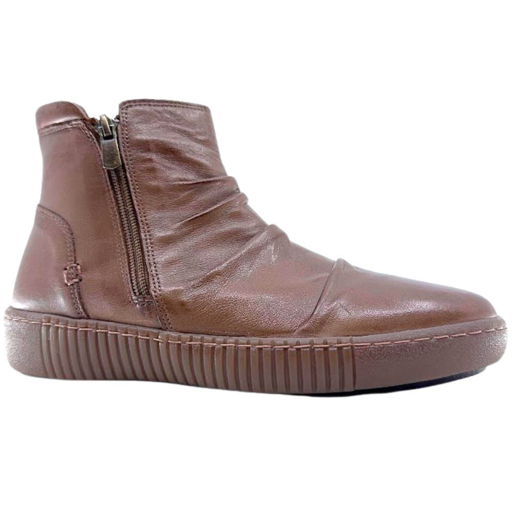 Brown leather ankle boot with a zipper on a white background