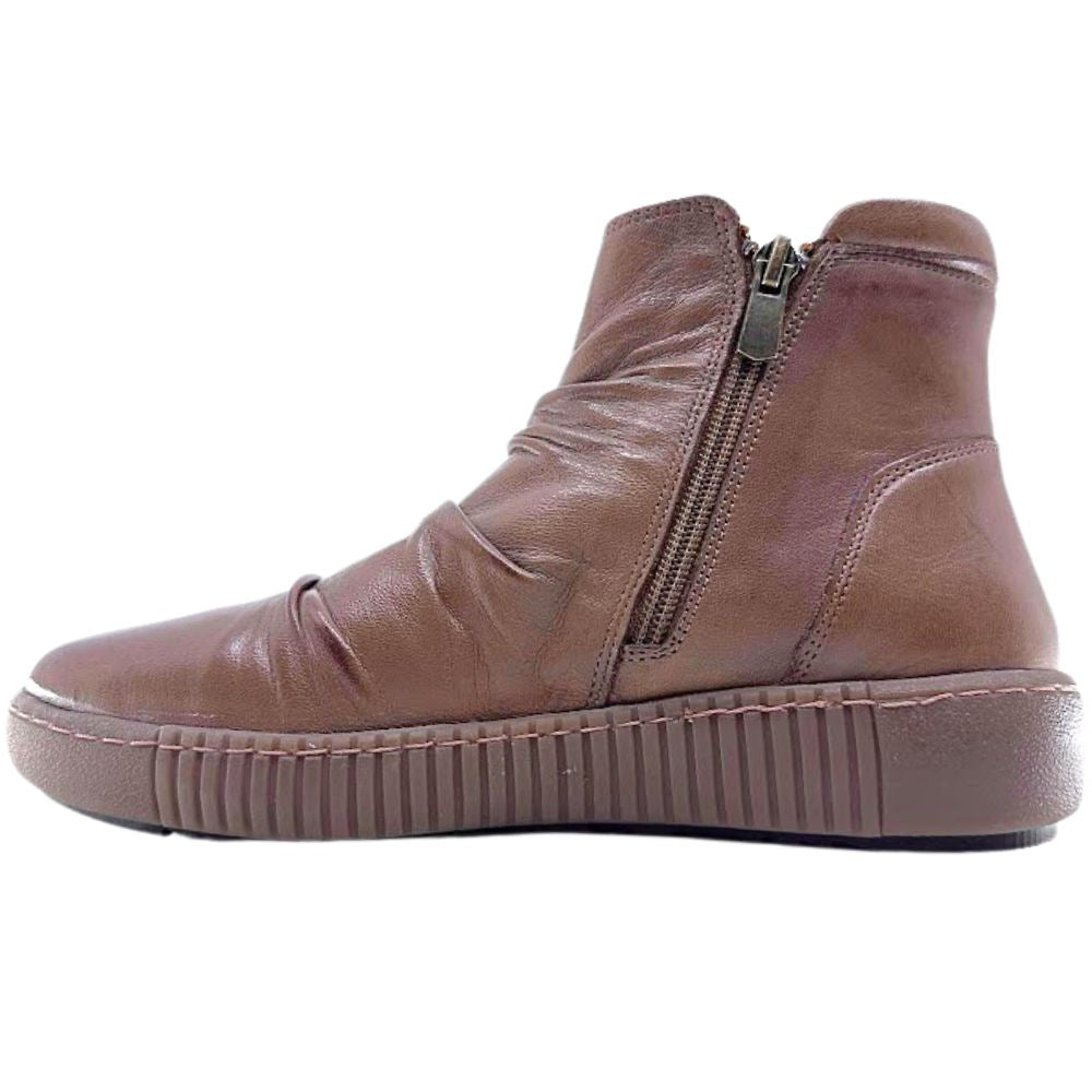 Brown leather ankle boot with a zipper on a white background